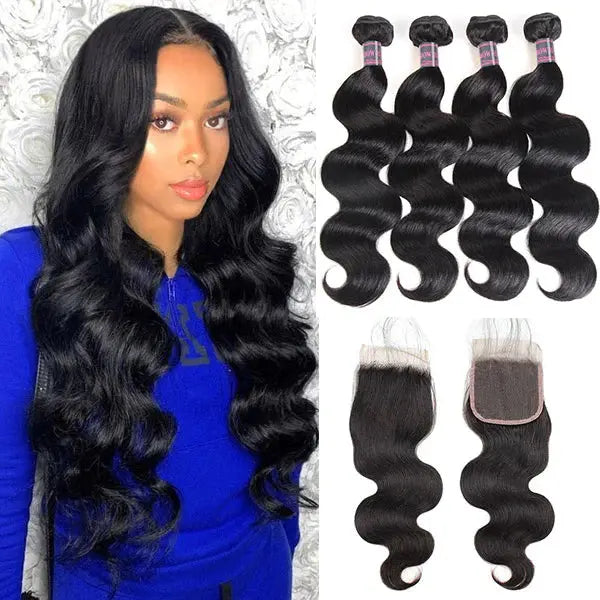 Brazilian Body Wave Human Hair 4 Bundles With 4x4 Lace Closure 🚚✅ Hair & Kisses Outlet