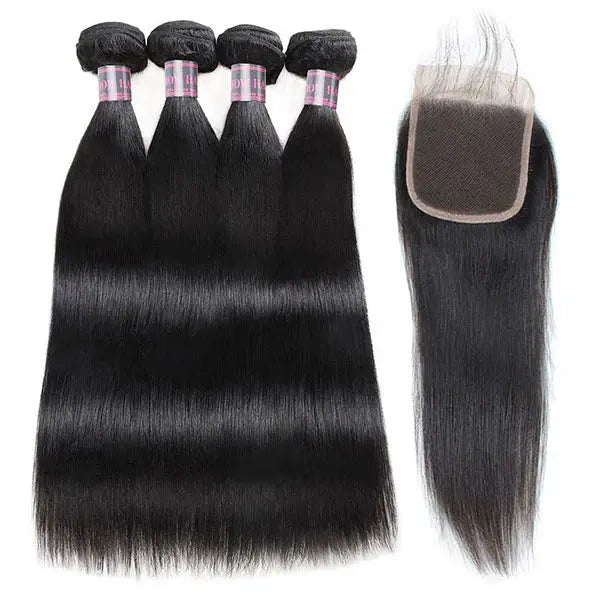 Brazilian Human Straight Hair 4 Bundles With 4x4 Lace Closure 🚚✅ Hair & Kisses Outlet