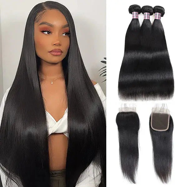 Brazilian Human Straight Hair 4 Bundles With 4x4 Lace Closure 🚚✅ Hair & Kisses Outlet