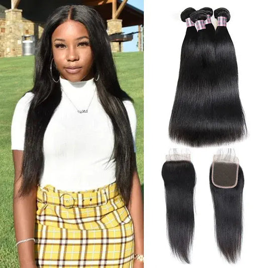 Brazilian Human Straight Hair 4 Bundles With 4x4 Lace Closure 🚚✅ Hair & Kisses Outlet