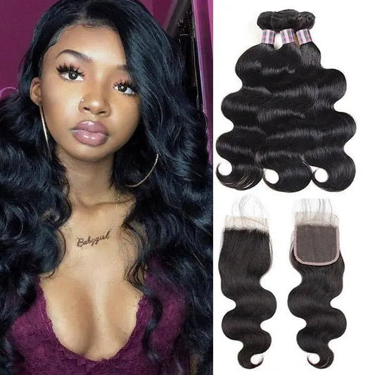 Body Wave Bundles with Closure Brazilian Human Hair 3 Bundles with 4x4 Lace Closure 🚚✅ Hair & Kisses Outlet