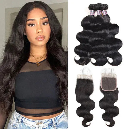 Human Hair Bundles with Closure Peruvian Body Wave 3 Bundles with 4x4 Lace Closure 🚚✅ Hair & Kisses Outlet