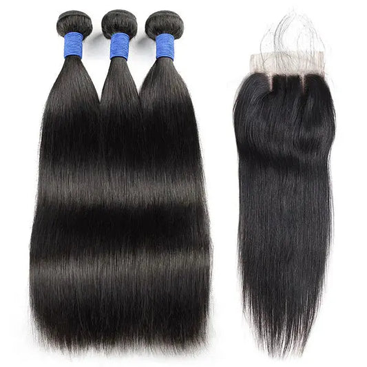 Brazilian Hair Bundle with Closure Straight Hair 3 Bundles with 4x4 HD Lace Closure 🚚✅ Hair & Kisses Outlet