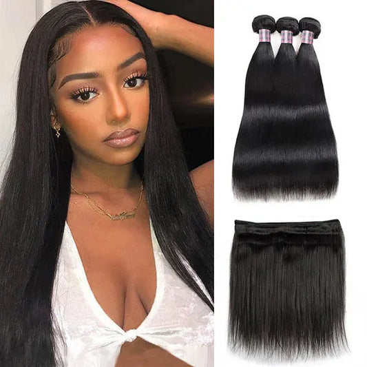 Malaysian Straight Human Hair 3 Bundles with 4x4 Lace Closure 🚚✅ Hair & Kisses Outlet
