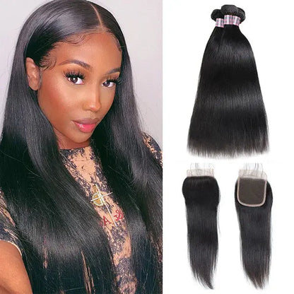 Straight Hair Bundles with Closure Indian Human Hair 3 Bundles with 4x4 Lace Closure 🚚✅ Hair & Kisses Outlet