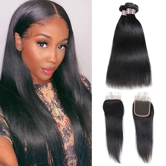 Straight Hair Bundles with Closure Indian Human Hair 3 Bundles with 4x4 Lace Closure 🚚✅ Hair & Kisses Outlet