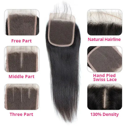 Brazilian Human Straight Hair 4 Bundles With 4x4 Lace Closure 🚚✅ Hair & Kisses Outlet