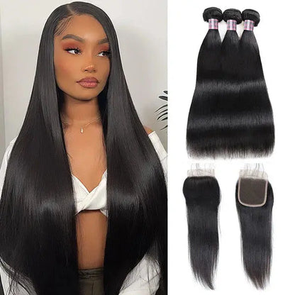 Brazilian Human Straight Hair 4 Bundles With 4x4 Lace Closure 🚚✅ Hair & Kisses Outlet